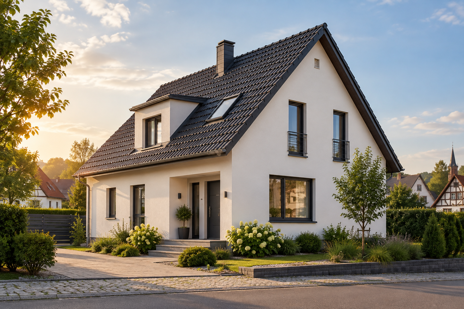 Maison alsacienne rénovée avec façade blanche et toiture sombre